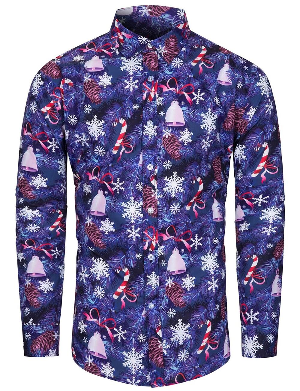 FOHMR Mens Christmas Snow Print Novelty Button Down Long Sleeve Shirt S Small